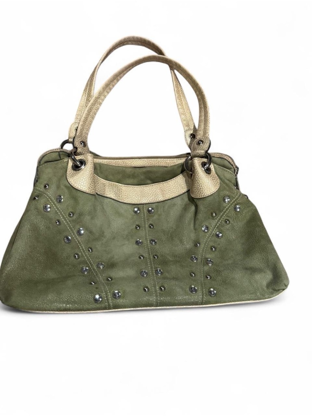 Olive Green Kathy Van Zeeland Studded Tote with Champagne Handles